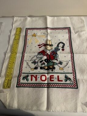 Hand Cross stitched Noel Wall Hanging in White, Red,